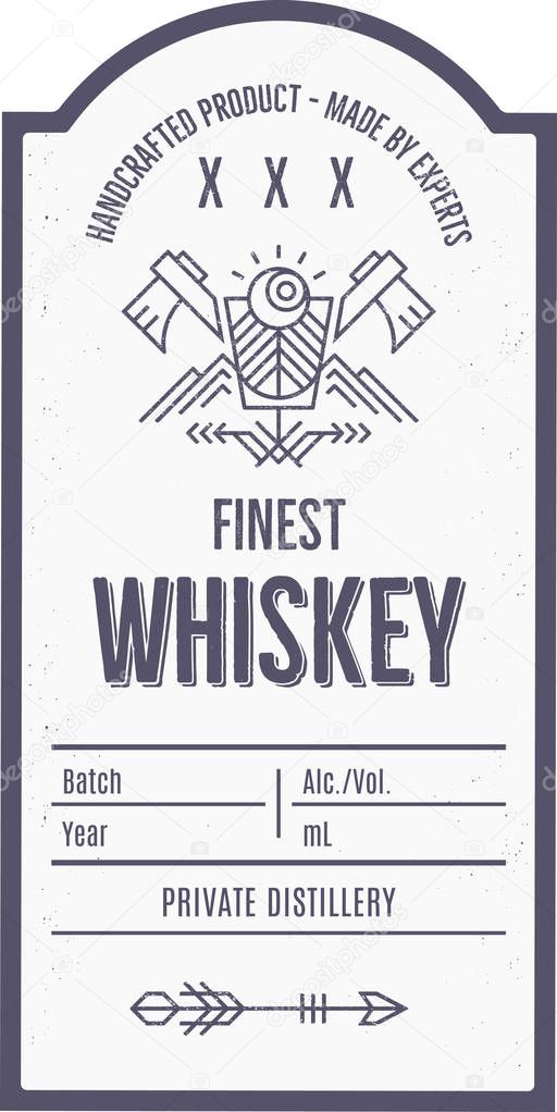 Vintage whiskey label design with ethnic elements in thin line style. Alcohol industry emblem, distilling business. Monochrome, black on white. Place for text