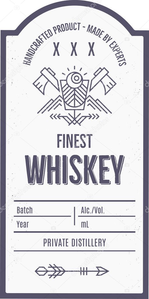 Vintage alcohol drink label design with ethnic elements in thin line style.