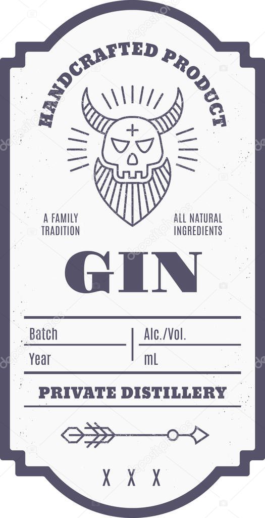 Vintage gin label design with ethnic elements in thin line style. Alcohol industry emblem, distilling business. Monochrome, black on white. Place for text