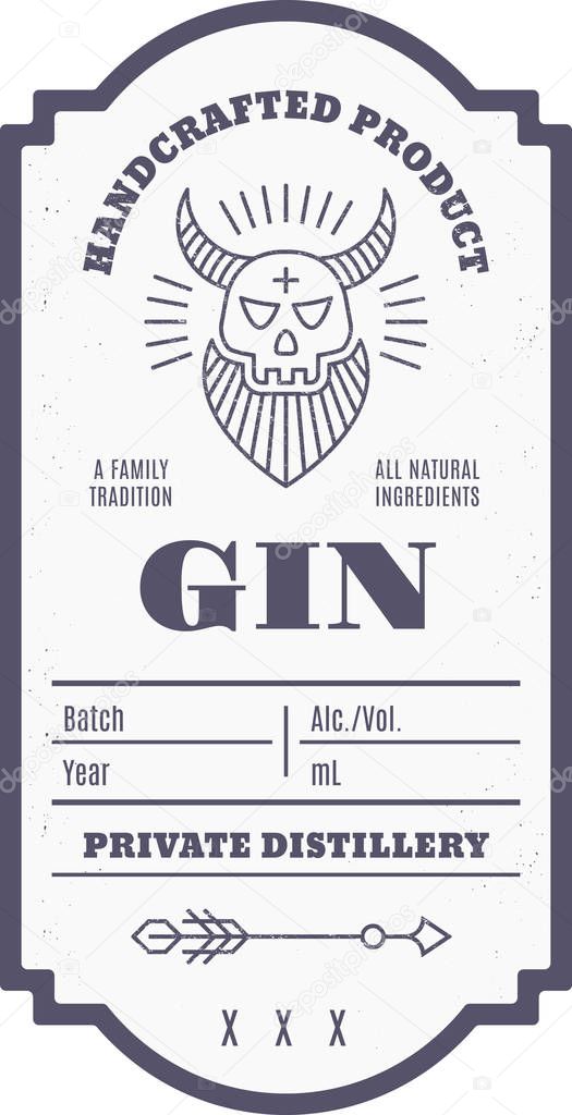 Vintage alcohol drink label design with ethnic elements in thin line style.