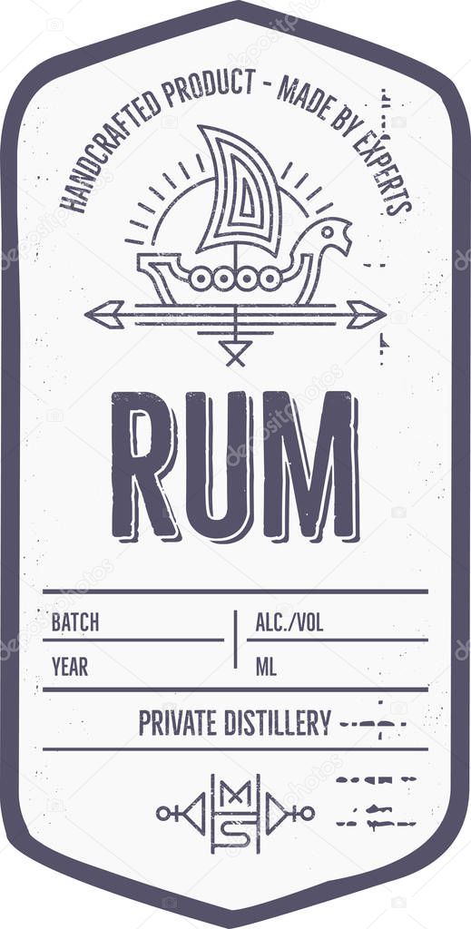 Vintage rum label design with ethnic elements in thin line style. Alcohol industry emblem, distilling business. Monochrome, black on white. Place for text