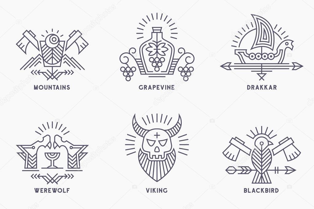 Set of vintage vector logo templates with ethnic elements in thin line style