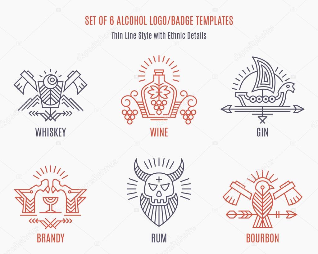 Set of vintage alcohol logo templates with ethnic elements in thin line style. Whiskey, wine, gin, brandy, bourbon, moonshine, rum. Monochrome, black on white