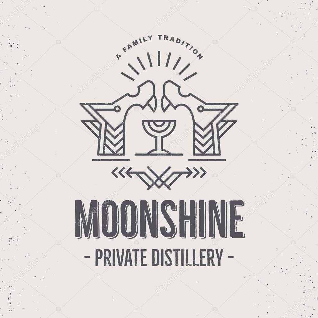 Vintage alcohol drink label design with ethnic elements in thin line style.