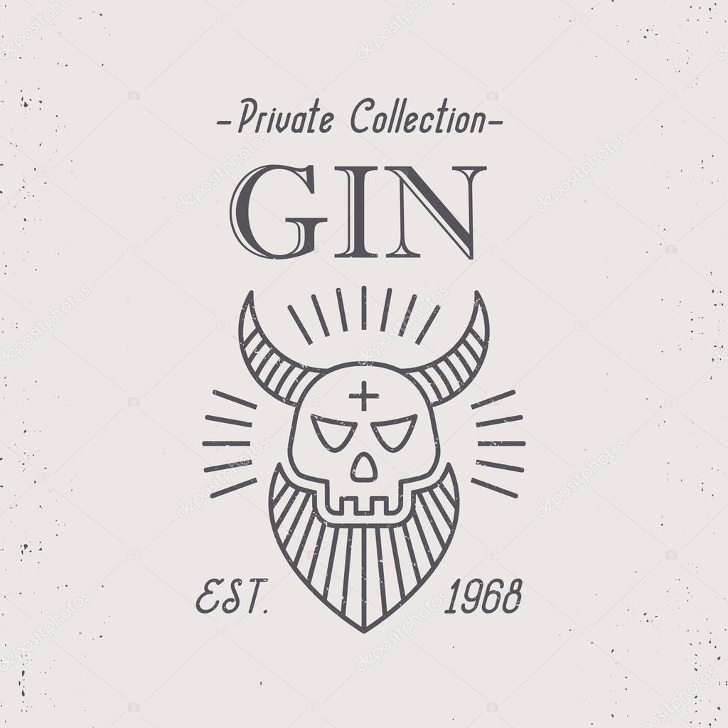 Vintage gin label design with ethnic elements in thin line style. Alcohol industry emblem, distilling business. Monochrome, black on white.