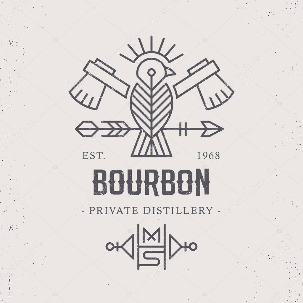 Vintage bourbon label design with ethnic elements in thin line style. Alcohol industry emblem, distilling business. Monochrome, black on white.