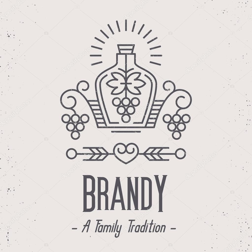 Vintage brandy label design with ethnic elements in thin line style. Alcohol industry emblem, distilling business. Monochrome, black on white.