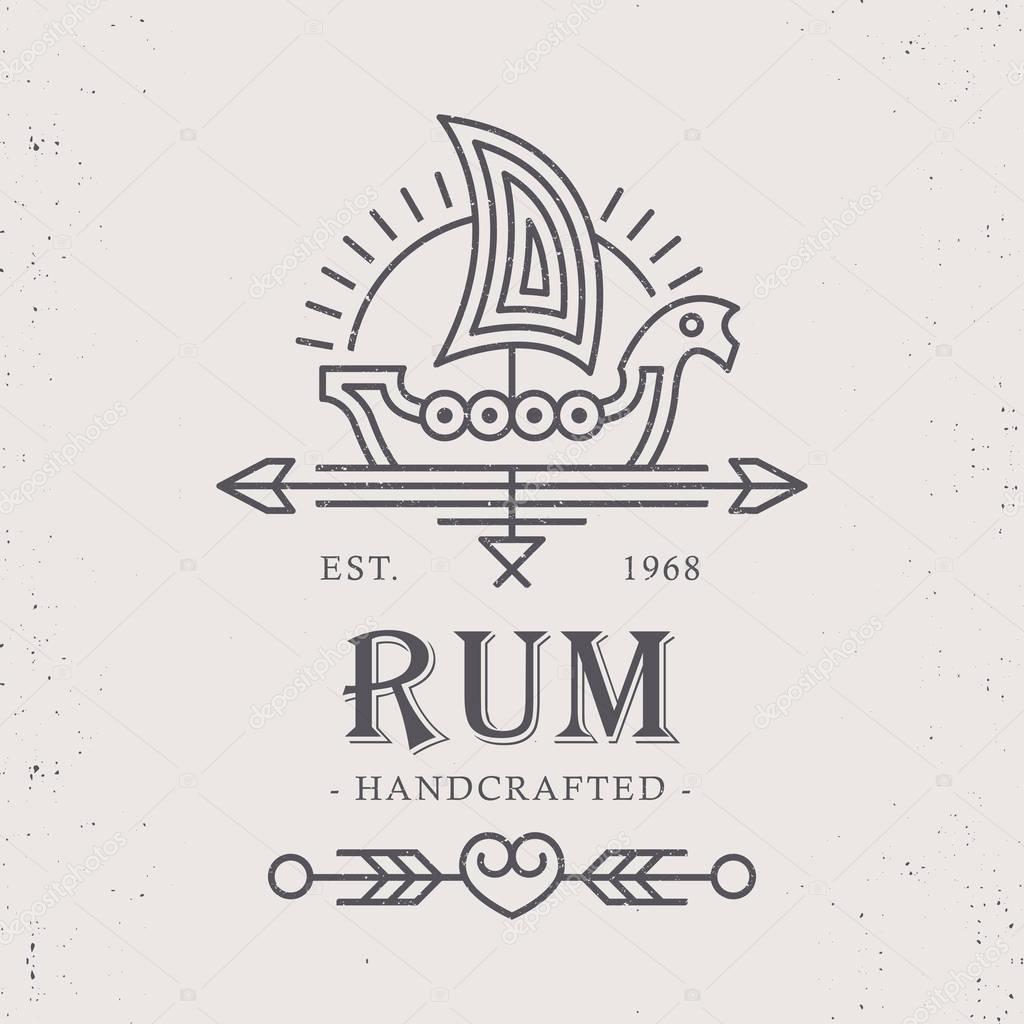 Vintage rum label design with ethnic elements in thin line style. Alcohol industry emblem, distilling business. Monochrome, black on white.