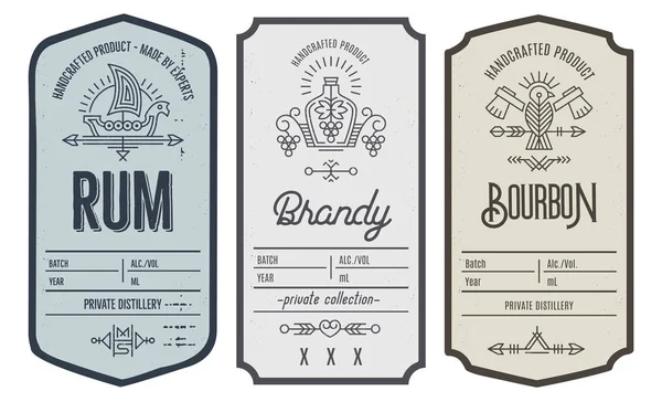 Set of intage bottle label design with ethnic elements in thin line style. — Stock Vector