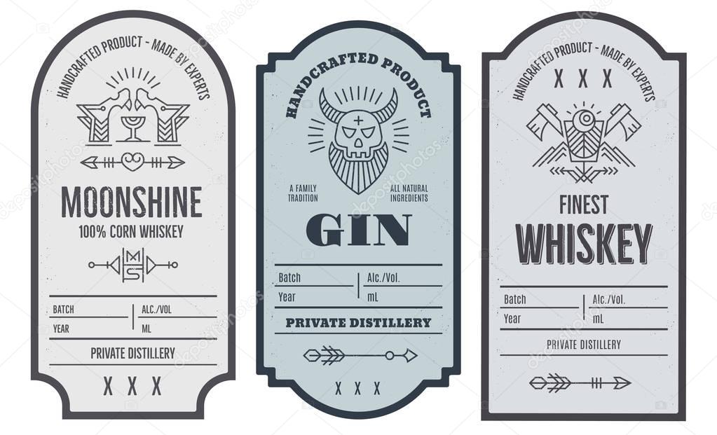 Set of vintage bottle label design with ethnic elements in thin line style. Alcohol industry emblem, distilling business. Monochrome, black on white. Place for text
