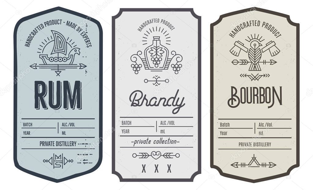 Set of vintage bottle label design with ethnic elements in thin line style. Alcohol industry emblem, distilling business. Monochrome, black on white. Place for text