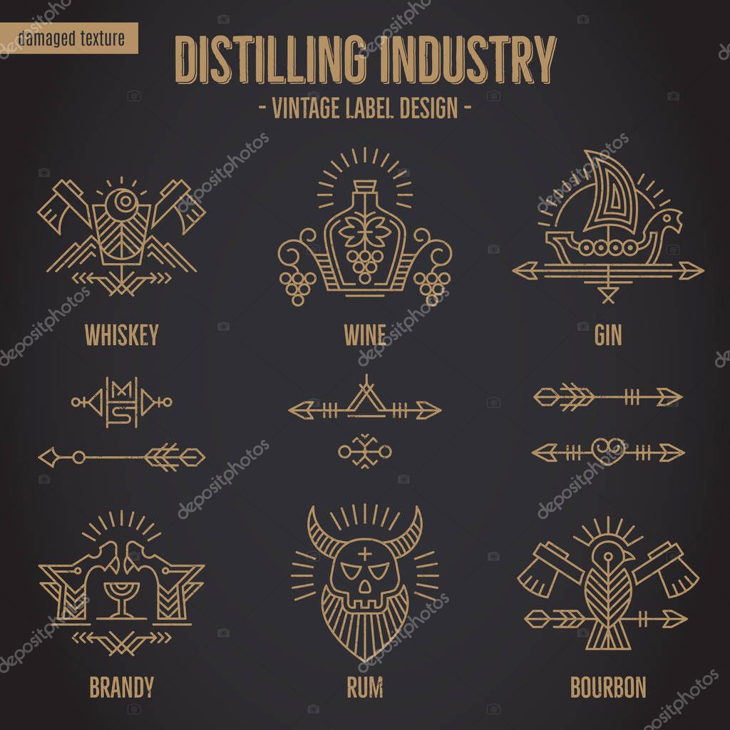 Set of vintage moonshine alcohol logo design with additional ethnic elements in thin line style. Distillery industry bottle emblems, distilling business. Monochrome, gold on black. Textured