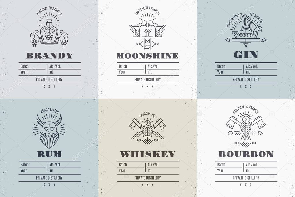 Set of vintage alcohol label design with ethnic elements in thin line style. Distillery industry emblem, distilling business. Monochrome, black on light color. Place for text