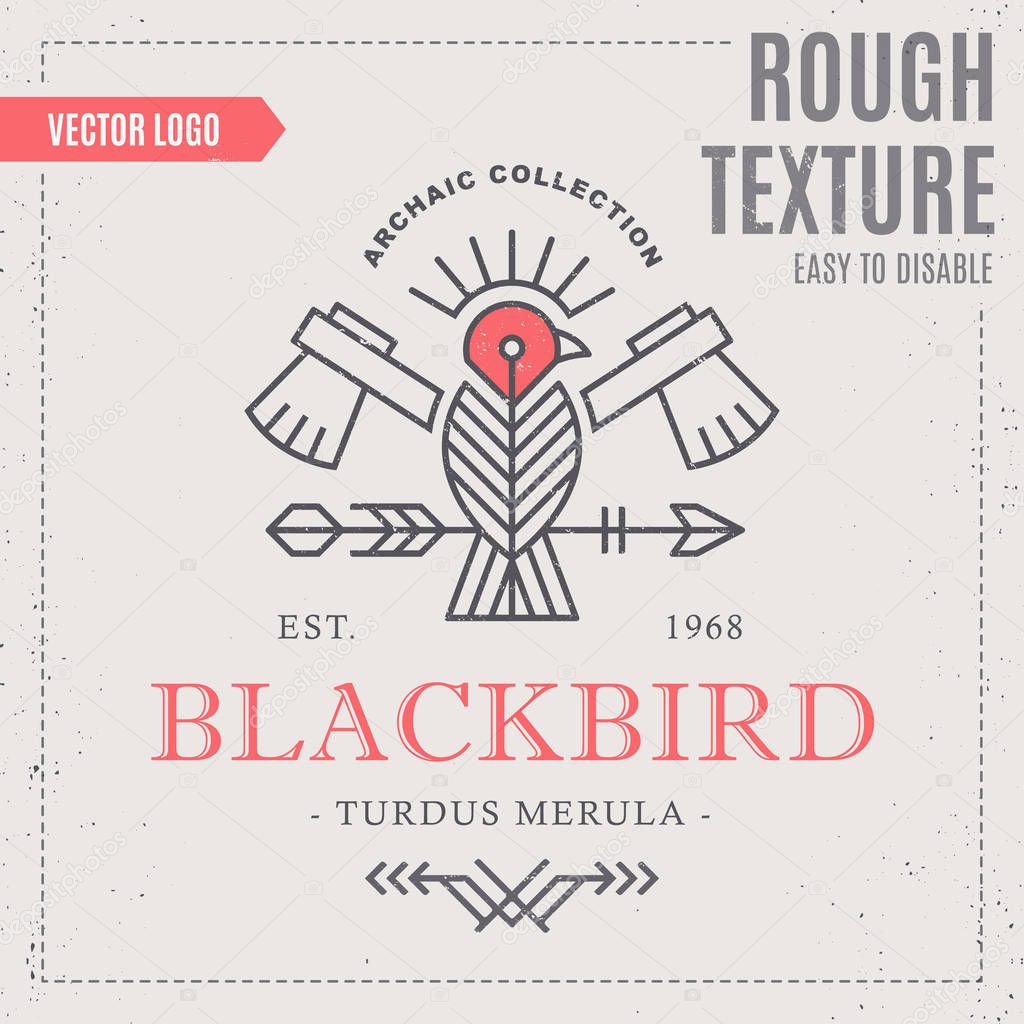 Flying Bird Logo design, geometric tribal archaic emblem. Blackbird with hutchets and arrow, hunting concept - linear style vector template for label.