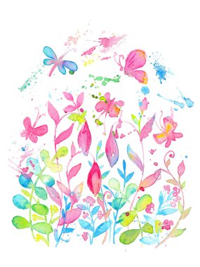 Yaz parlak ve mutlu çiçek tasarım suluboya ile çizilmiş.