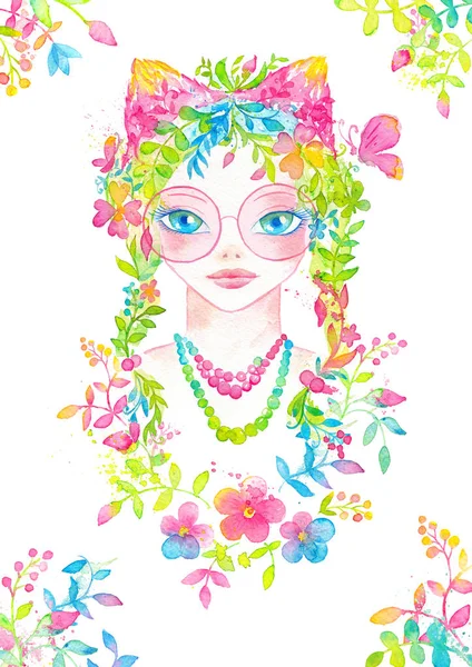 Portrait fantaisiste de jeune fille avec des lunettes rondes roses, des cheveux florissants et des oreilles mignonnes décorées d'ornement floral — Photo