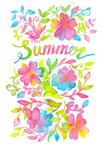 Bright and happy summer lettering design drawn with watercolors. — Stock Photo, Image