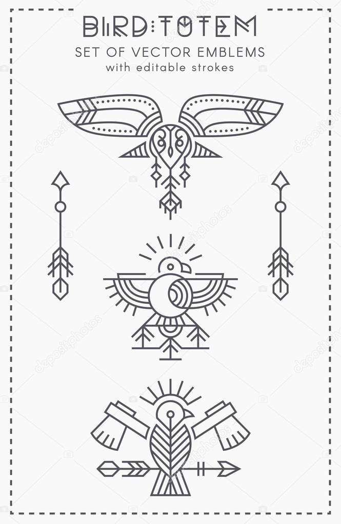 Set of Flying Bird Logo design, geometric tribal archaic emblems
