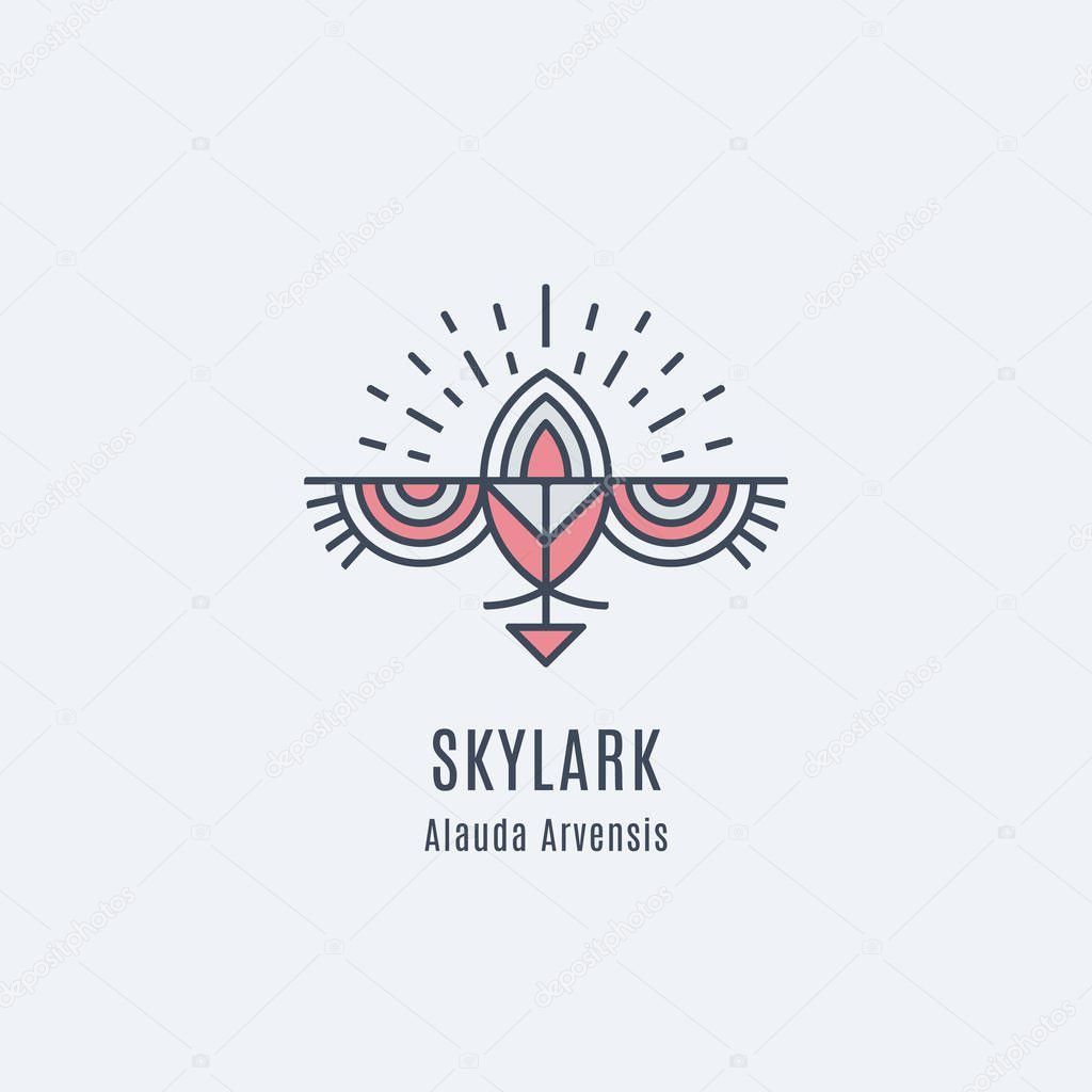 Flying Bird Logo design, geometric tribal archaic emblem. Flying stylized skylark - linear style vector template for label. Monochrome