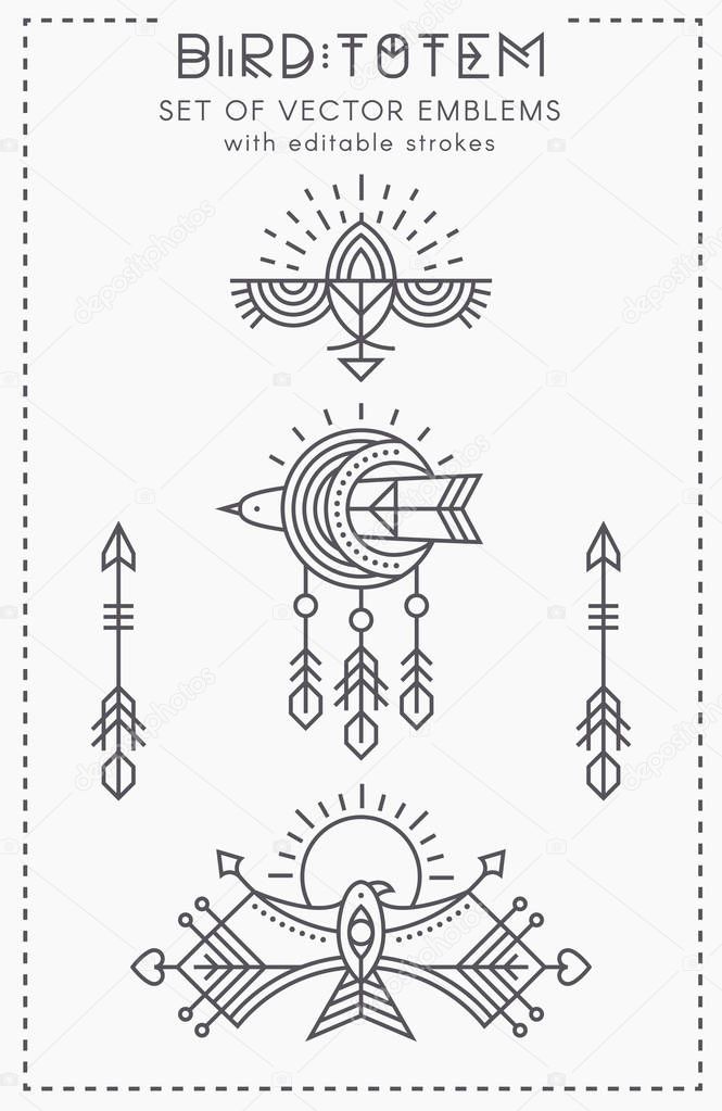 Set of Flying Bird Logo design, geometric tribal archaic emblems. Stylized skylark, swallow and falcon - linear style vector templates for labels. Monochrome