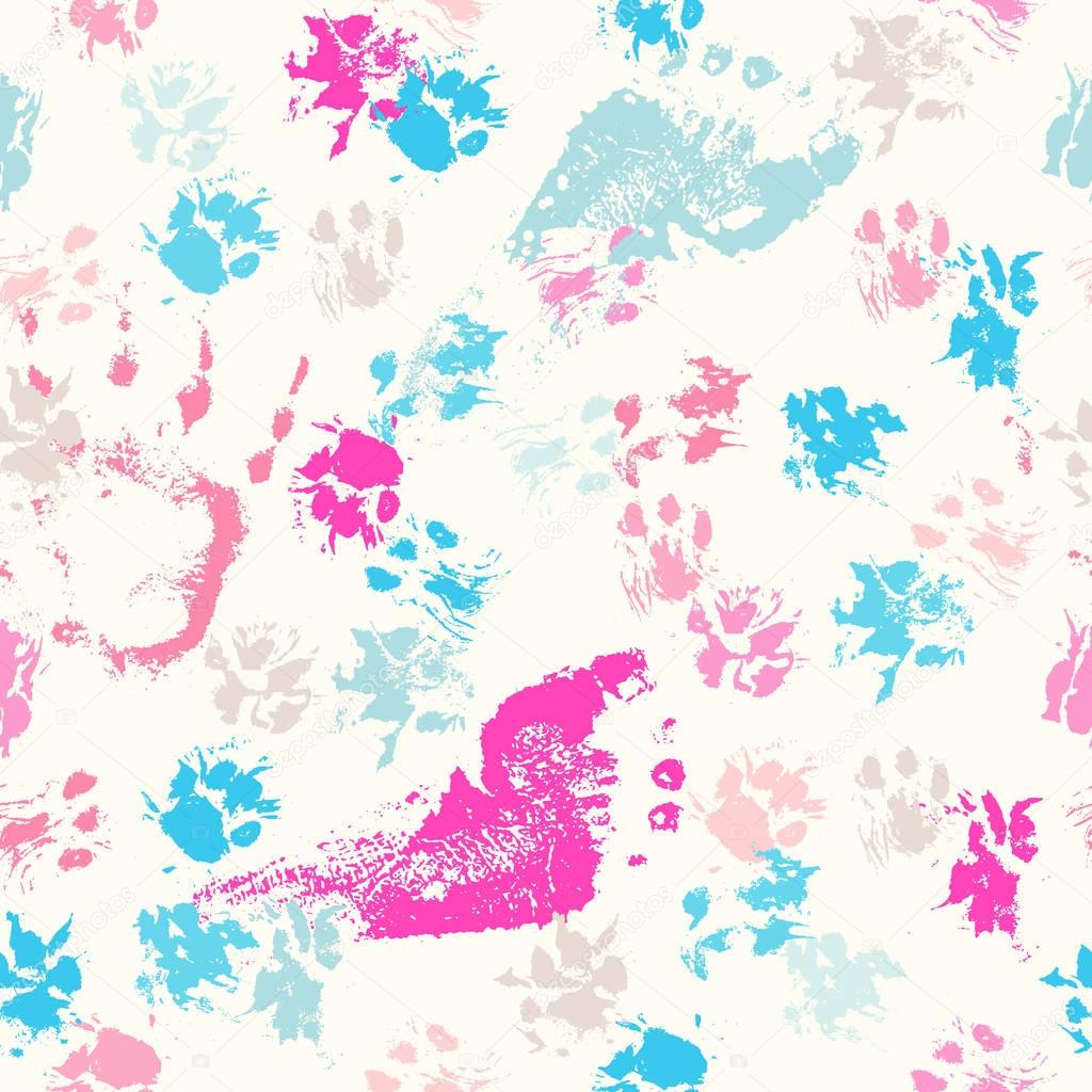 Abstract seamless pattern - black ink prints with messy cat paws.