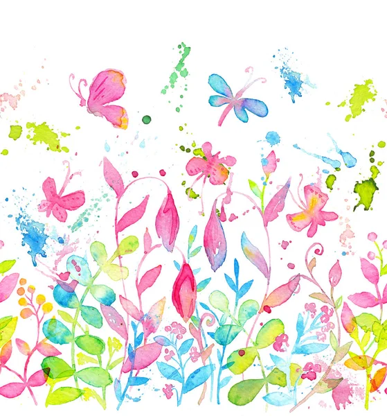 Felice e luminoso motivo floreale senza soluzione di continuità con fiori ad acquerello disegnati a mano e foglie — Foto Stock