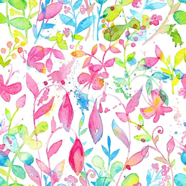 Счастливый и яркий цветочный бесшовный узор с нарисованными вручную акварельными цветами и листьями — стоковое фото