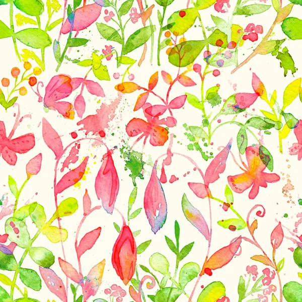 Щасливий і яскравий квітковий безшовний візерунок з намальованими вручну акварельними квітами і листям — стокове фото