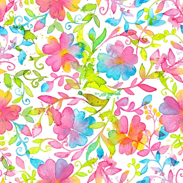 Happy and bright floral seamless pattern with hand drawn watercolor flowers and leaves
