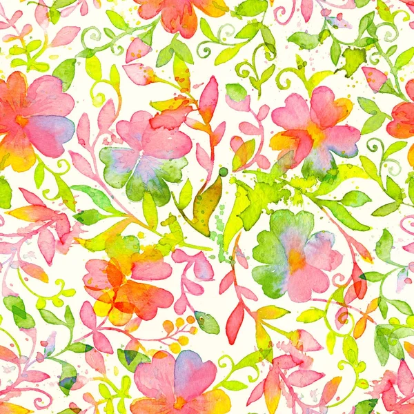 Happy and bright floral seamless pattern with hand drawn watercolor flowers and leaves