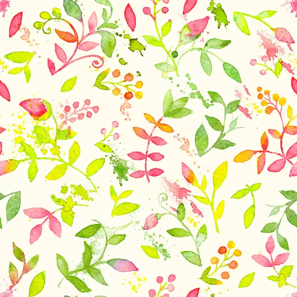 Felice e luminoso motivo floreale senza soluzione di continuità con fiori ad acquerello disegnati a mano e foglie — Foto Stock