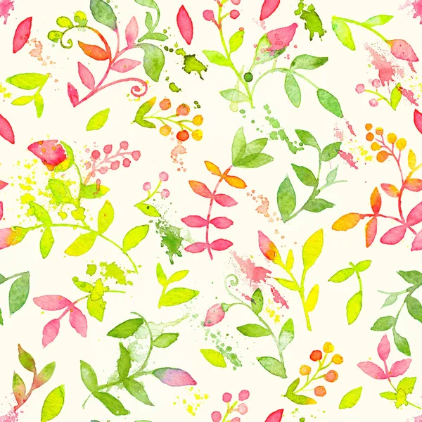 Happy and bright floral seamless pattern with hand drawn watercolor flowers and leaves