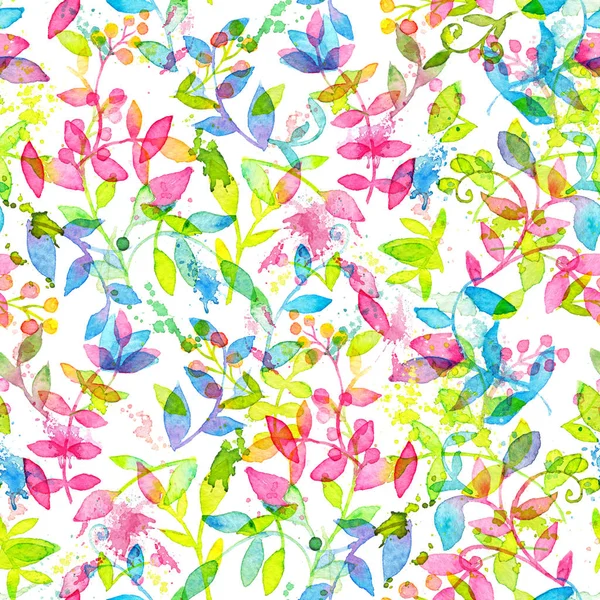 Felice e luminoso motivo floreale senza soluzione di continuità con fiori ad acquerello disegnati a mano e foglie — Foto Stock