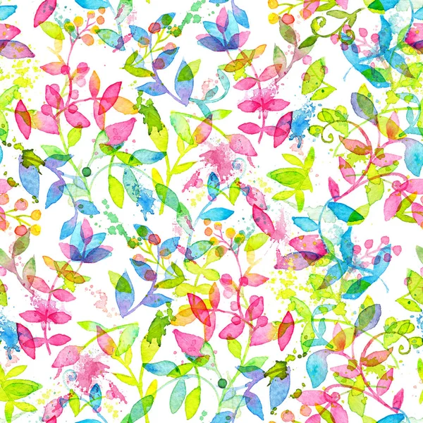 Happy and bright floral seamless pattern with hand drawn watercolor flowers and leaves