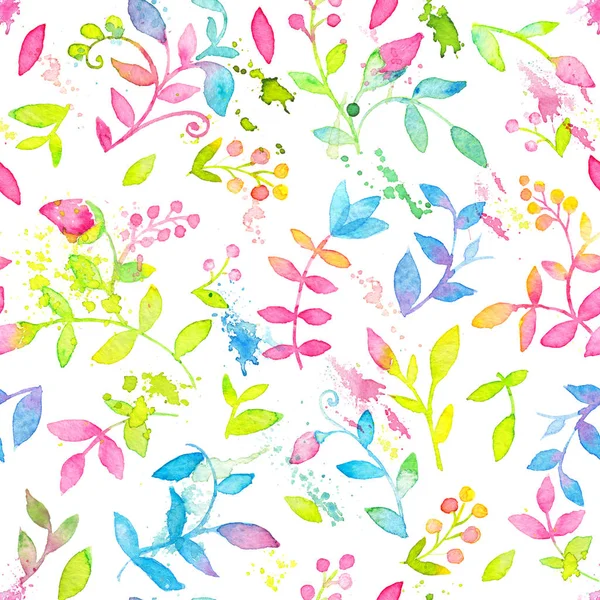 Happy and bright floral seamless pattern with hand drawn watercolor flowers and leaves