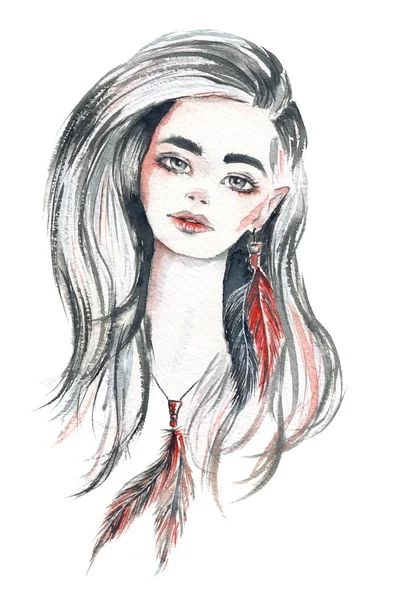 흰 머리카락, 깃털, boho 스타일으로 아름 다운 여자 초상화 — 스톡 사진