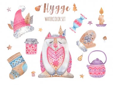 Hygge konsepti ile suluboya çizimler kümesi.