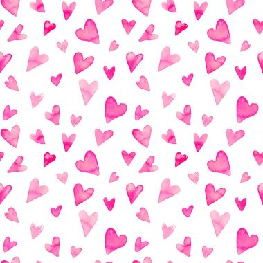 Renkli kalpler - romantik pembe tonlarını ile Seamless suluboya modeli.