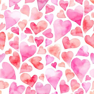 Renkli kalpler - romantik ışık ve yumuşak pembe tonlarını ve kırmızı ile Seamless suluboya modeli.