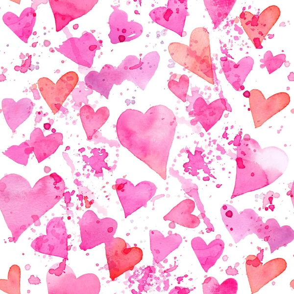Sömlös akvarell mönster med färgglada hjärtan - romantiska nyanser av rosa och rött. — Stockfoto