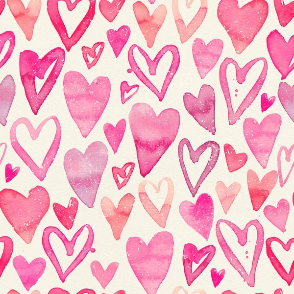 Sömlös akvarell mönster med färgglada hjärtan - romantiska nyanser av rosa. — Stockfoto