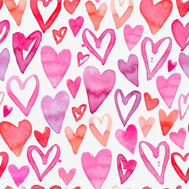 Renkli kalpler - romantik pembe tonlarını ile Seamless suluboya modeli.