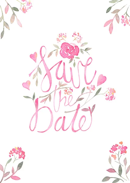 Guardar la fecha - Tarjeta de invitación romántica con elementos florales acuarela —  Fotos de Stock