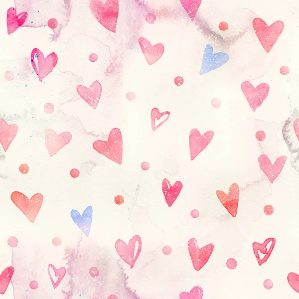 Varrat nélküli akvarell színes szívek - romantikus fény és a lágy tónusok a rózsaszín és a piros minta. — Stock Fotó