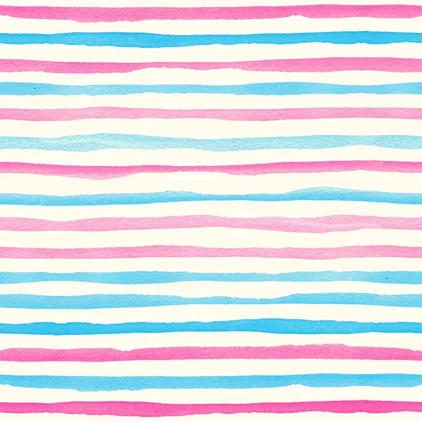 Akvarelu bezešvé vzor růžové a modré horizontální pruhy. — Stock fotografie