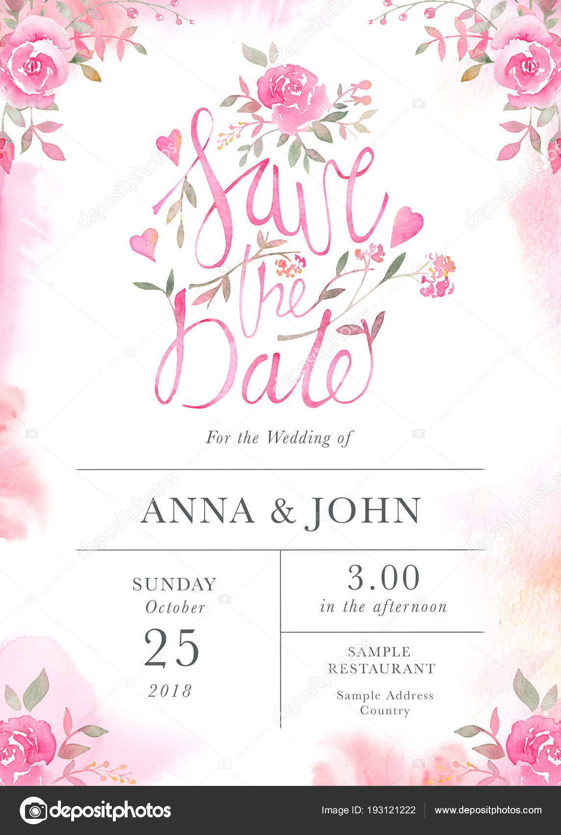 Wedding invitation card template with watercolor rose flowers Regarding Sample Wedding Invitation Cards Templates