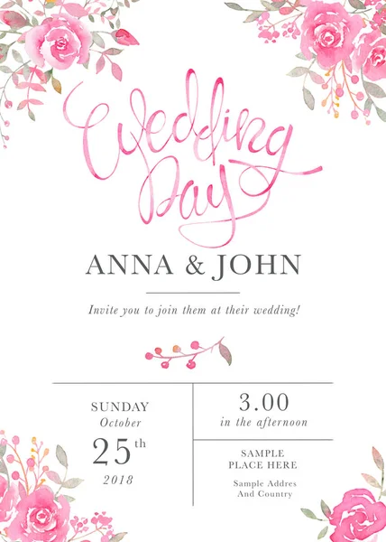 Plantilla de tarjeta de invitación de boda con flores rosa acuarela . — Foto de Stock