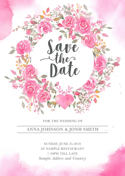 Wedding invitation card template with watercolor rose flowers. — Stock Photo, Image