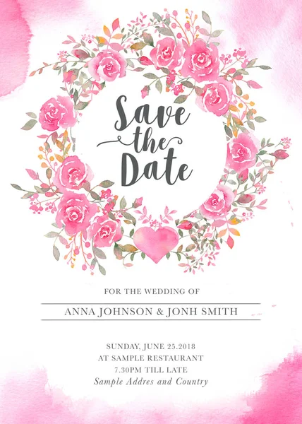 Wedding invitation card template with watercolor rose flowers.