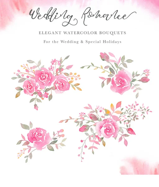 De aquarel regelingen handbeschilderd met roze bloemen, rosebuds, — Stockfoto